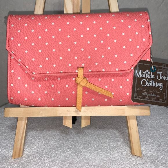 NWT Matilda Jane Cross Body Clutch Pink/Coral with White Polka Dots - Picture 1 of 6